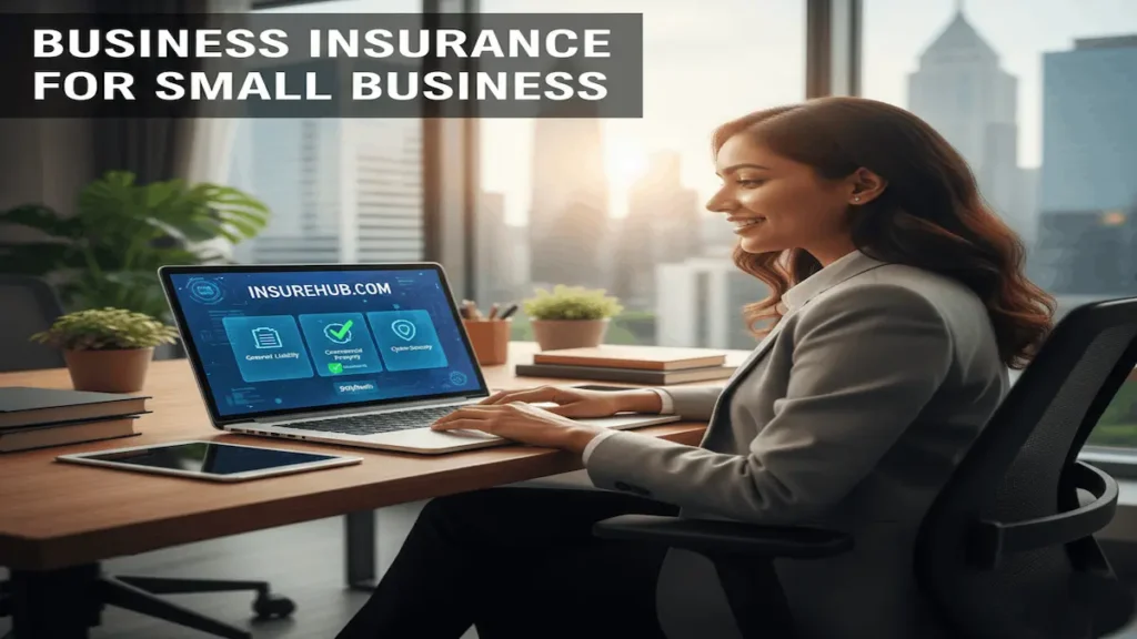Female entrepreneur researching business insurance for small business on a laptop in 2026