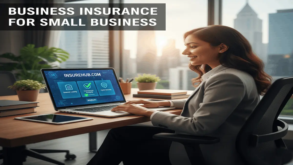 Female entrepreneur researching business insurance for small business on a laptop in 2026