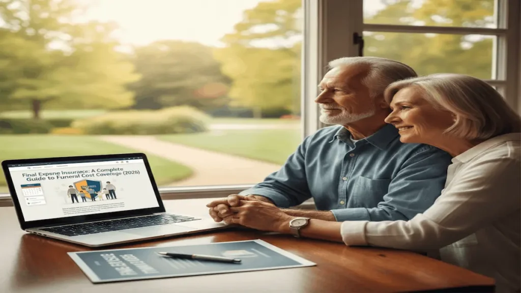 Senior couple researching final expense insurance for funeral cost coverage