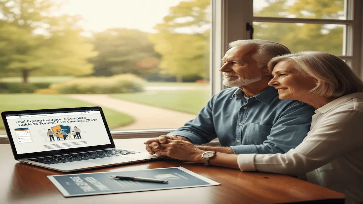 Senior couple researching final expense insurance for funeral cost coverage