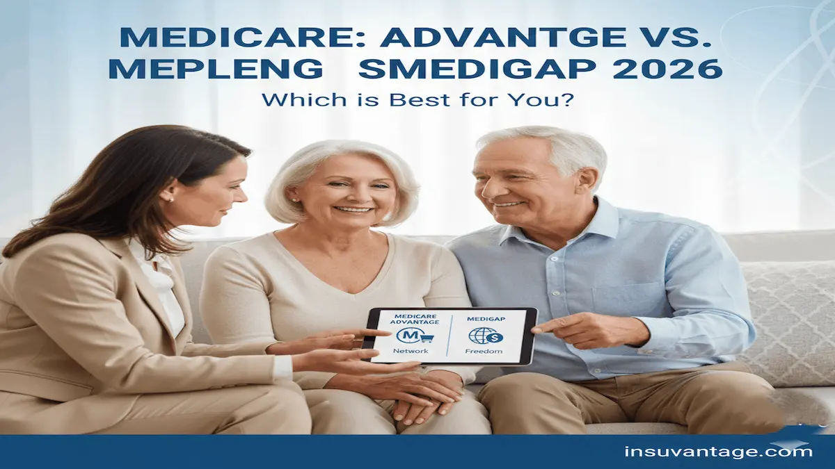 Senior couple discussing Medicare Advantage vs Medigap plans for 2026 with an advisor Medicare Advantage vs Medigap 2026
