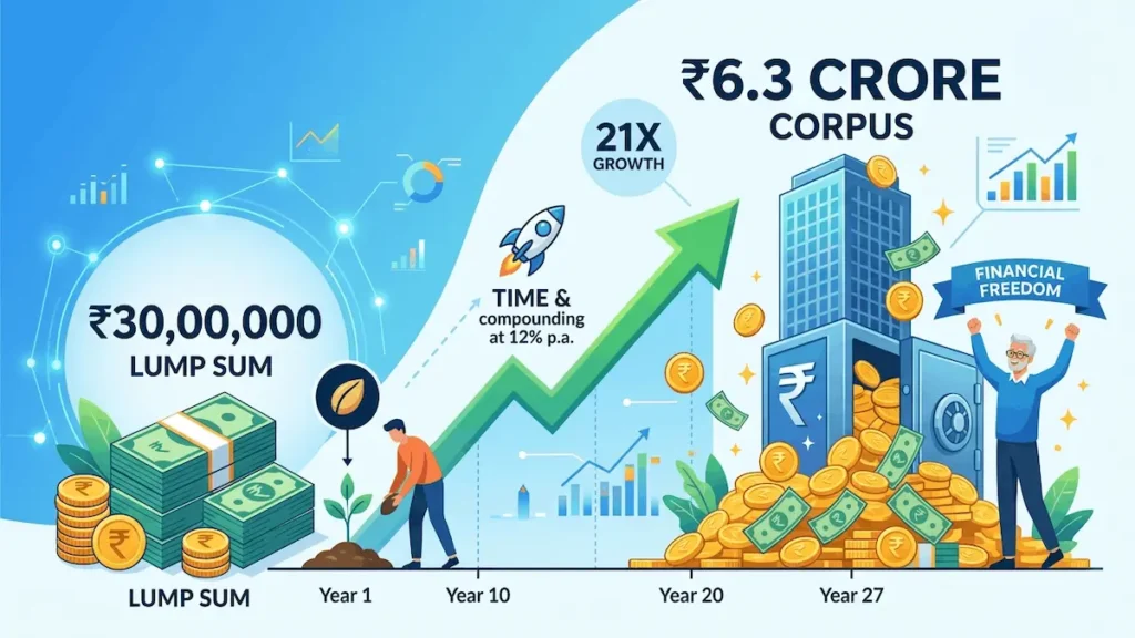Chart showing ₹30 Lakh growing to ₹6.3 Crore at 12 percent return.