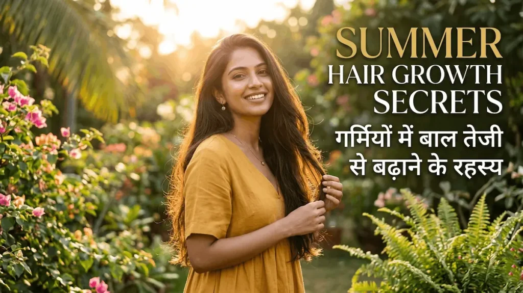 "Woman with long healthy hair in summer sun - Hair growth tips hindi"