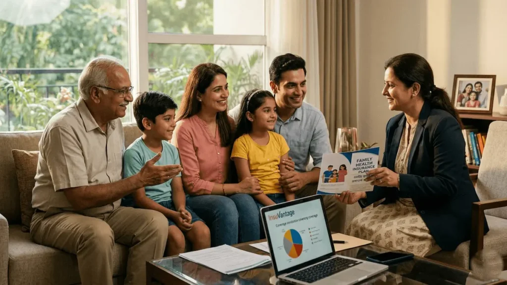 A happy Indian family discussing health insurance plans with an expert.