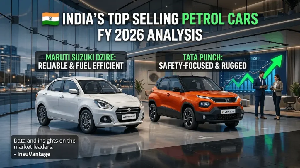 A white Maruti Suzuki Dzire and orange Tata Punch in a luxury showroom representing India's top selling petrol cars in 2026.